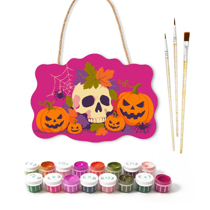 Paint by Numbers - Wooden Door Hanger | Skull with Autumn Leaves and Pumpkins