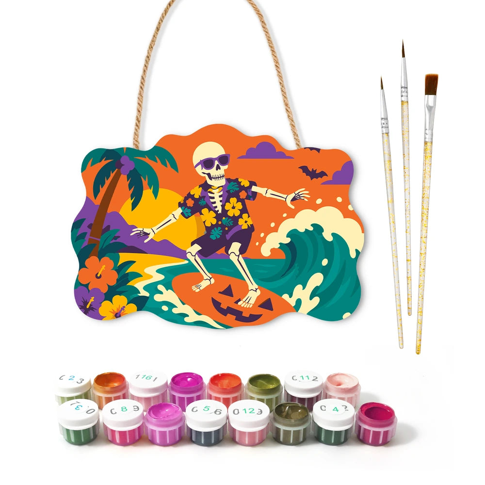 Paint by Numbers - Wooden Door Hanger | Surfing Skeleton in a Hawaiian Shirt