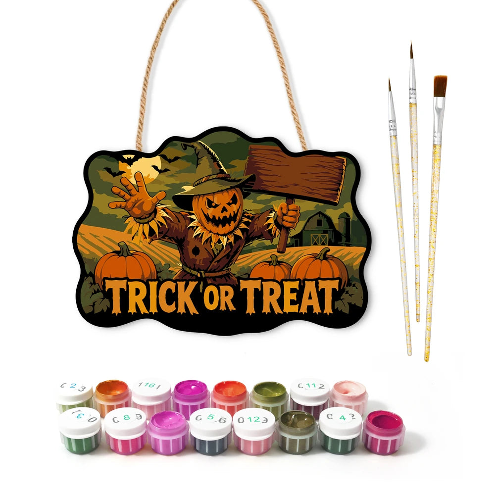 Paint by Numbers - Wooden Door Hanger | Trick or Treat Scarecrow with a Sign