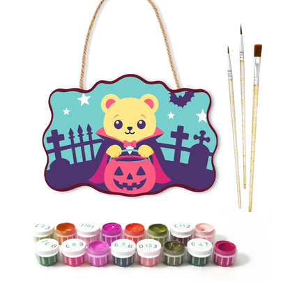 Paint by Numbers - Wooden Door Hanger | Vampire Bear with a Pumpkin