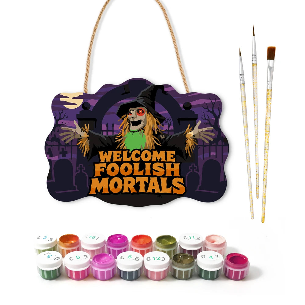 Paint by Numbers - Wooden Door Hanger | Welcome Foolish Mortals Scarecrow