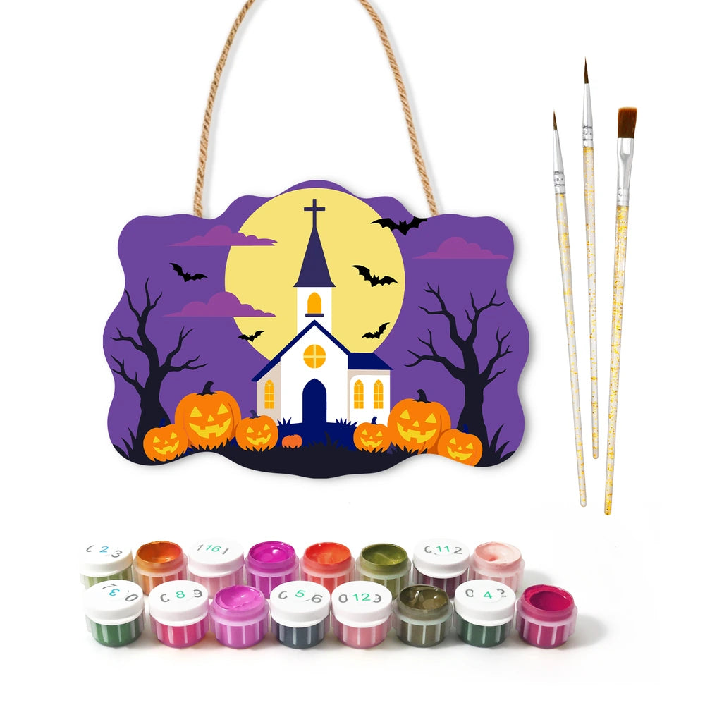 
Paint by Numbers - Wooden Door Hanger | White Church Under the Full Moon
