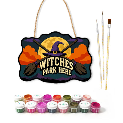 Paint by Numbers - Wooden Door Hanger | Witches Park Here Crossed Brooms