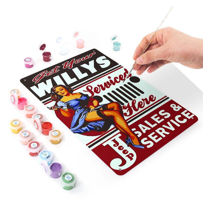 Paint by Numbers – Vintage Metal Wall Art | Willys Jeep Sales & Service Pin-up