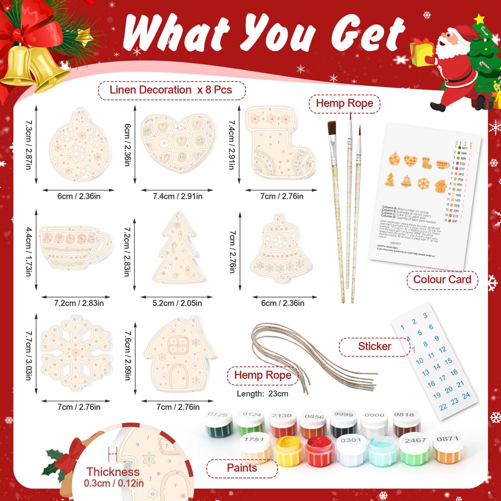 Paint by Numbers – 8 Christmas Ornaments – Gingerbread Hearts, Bells & Cozy Holiday Set