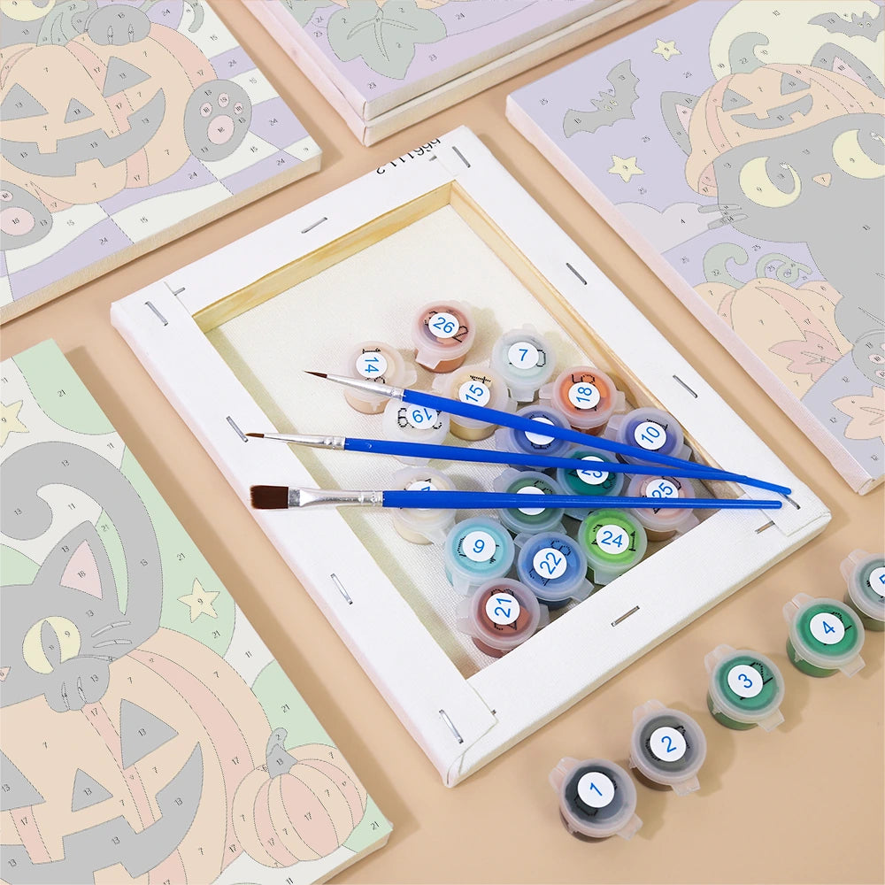 Paint by Numbers – 6 Mini Paintings | Black Cats on Jack-o'-Lanterns Set