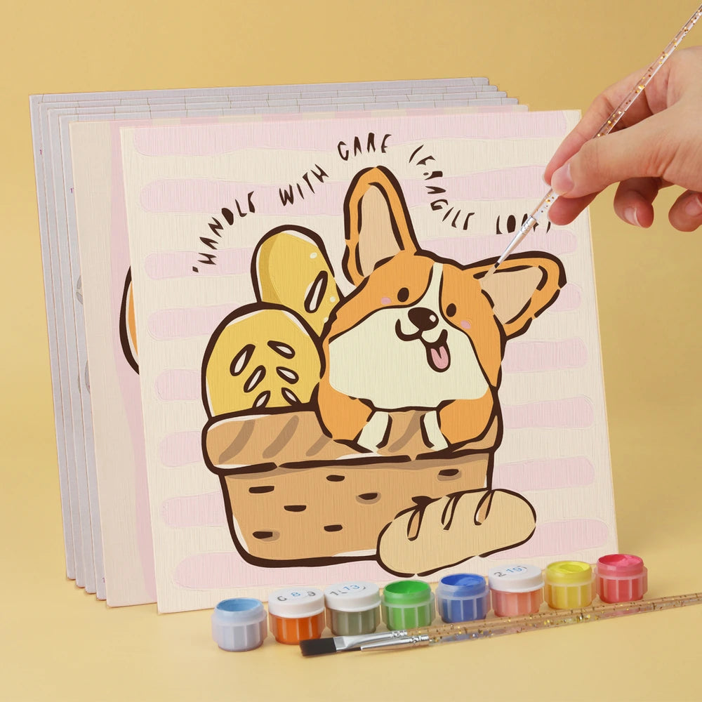 Paint by Numbers – 6 Mini Paintings | Corgi Bread Bakery (Square)