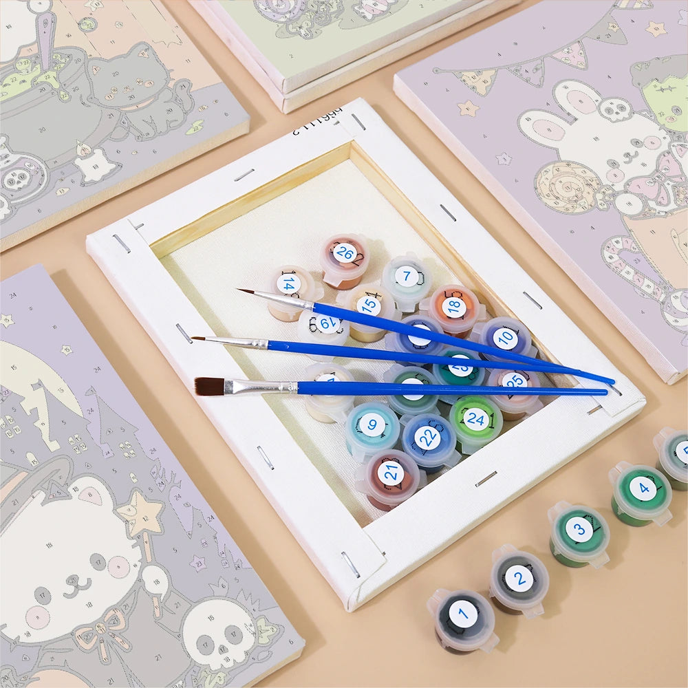 
Paint by Numbers – 6 Mini Paintings | Cute Pastel Halloween Friends Set