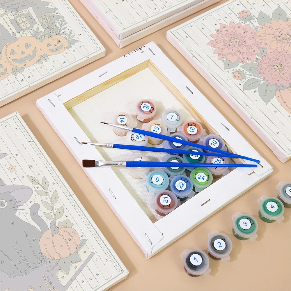 
Paint by Numbers – 6 Mini Paintings | Floral Halloween Cats and Pumpkins Set