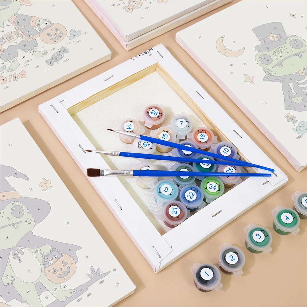 Paint by Numbers – 6 Mini Paintings | Frogs in Halloween Costumes Set