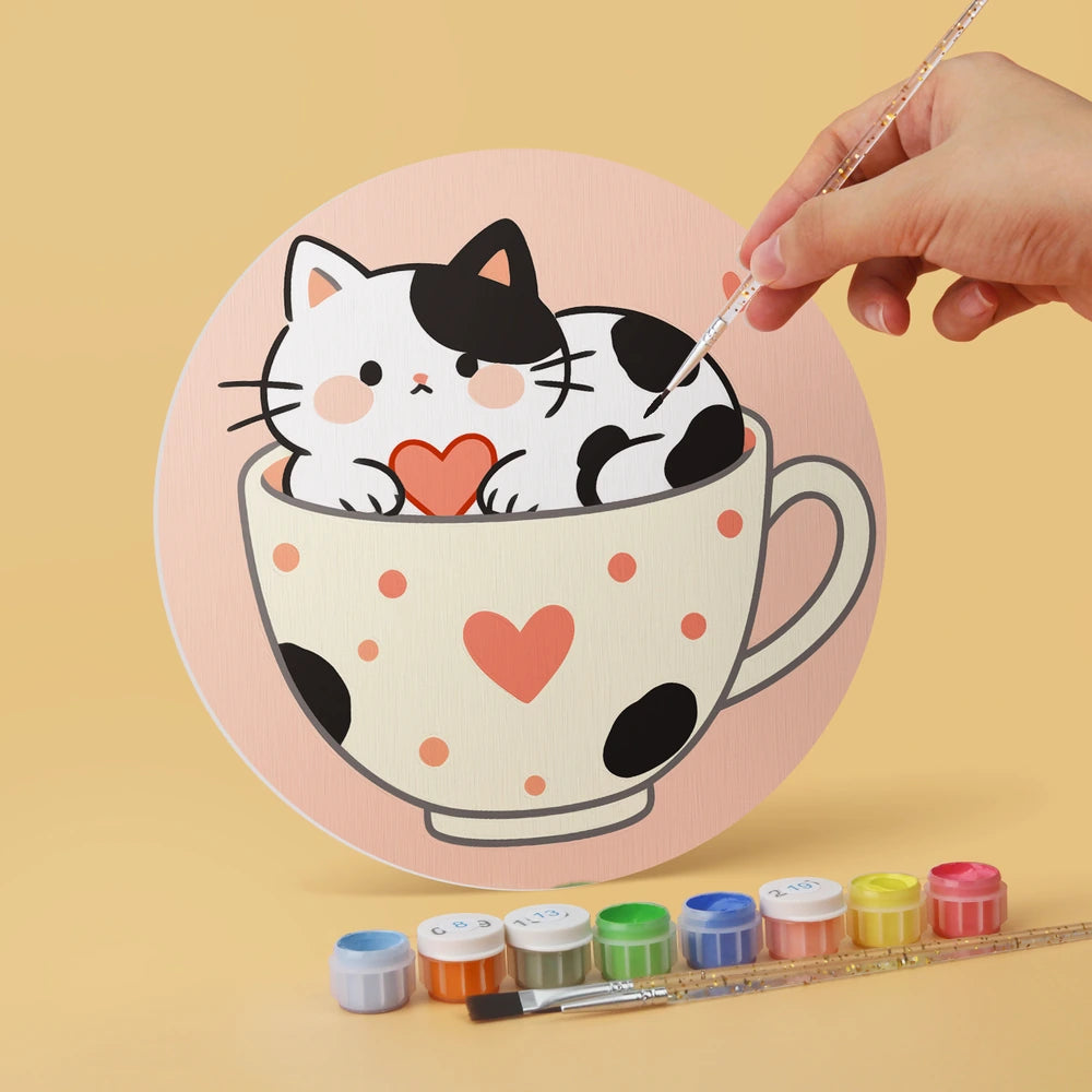 Paint by Numbers – 6 Mini Paintings | Kittens in Teacups (Round)