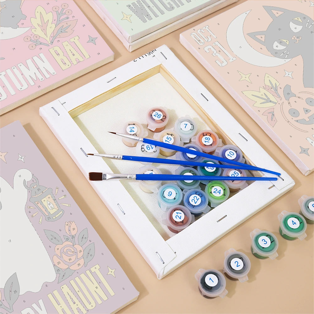 Paint by Numbers – 6 Mini Paintings | Midnight Cat and Spooky Bloom Posters Set