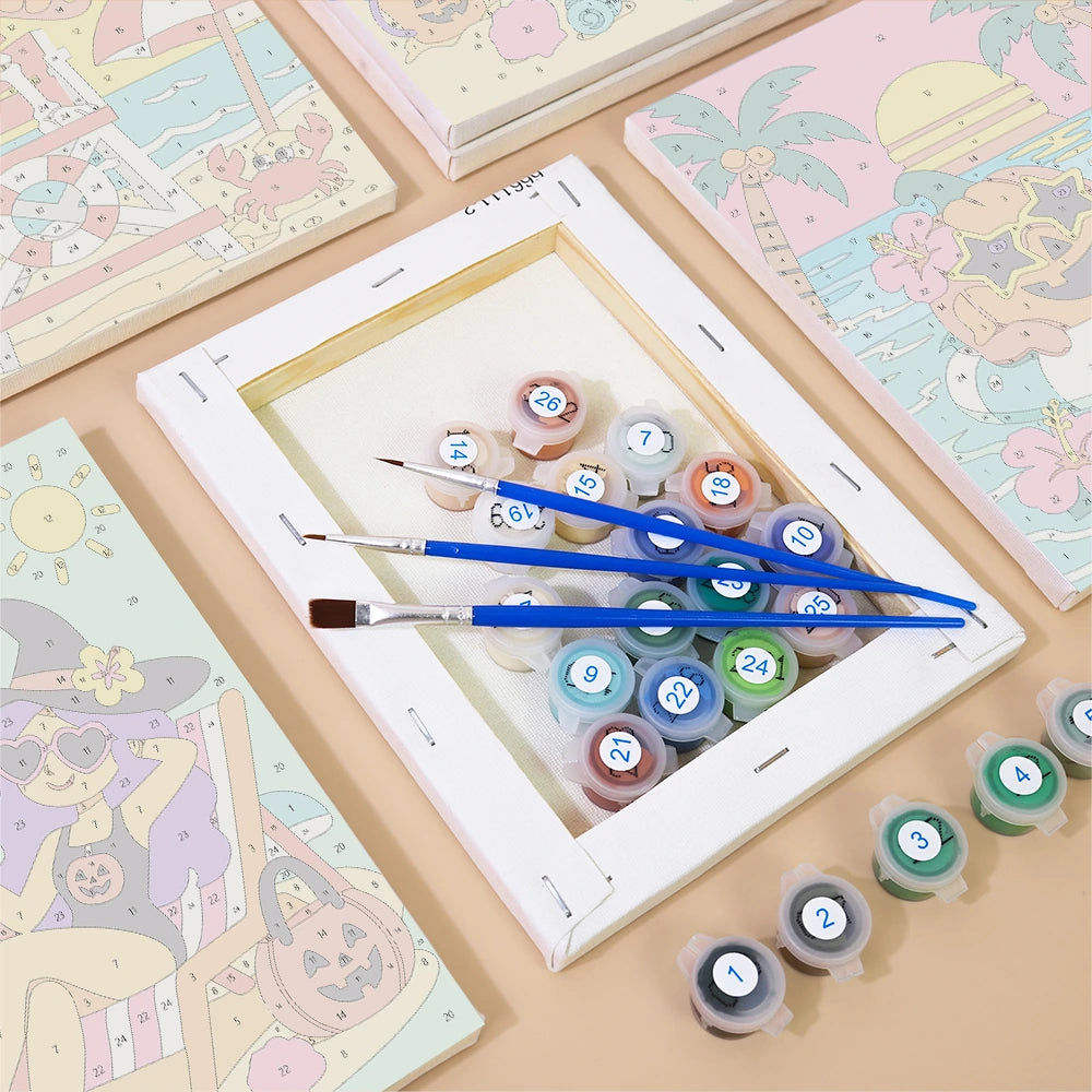 Paint by Numbers – 6 Mini Paintings | Monsters at the Tropical Beach Set