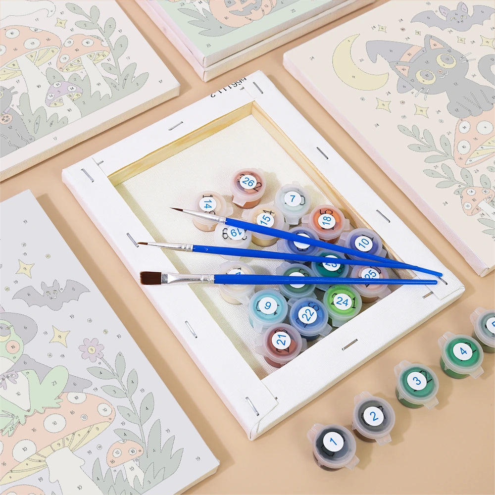 
Paint by Numbers – 6 Mini Paintings | Mushroom Garden Halloween Friends Set