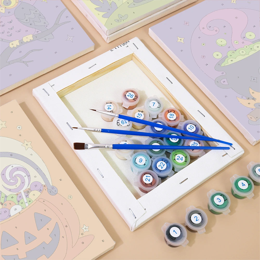 Paint by Numbers – 6 Mini Paintings | Owl, Cat and Dancing Skeleton Set