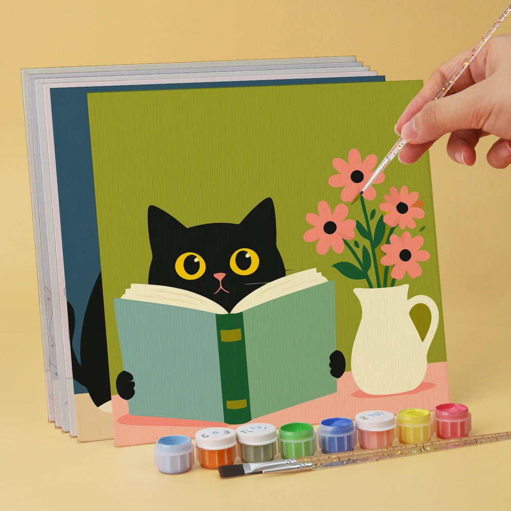 
Paint by Numbers – 6 Mini Paintings | Reading Cats with Books (Square)