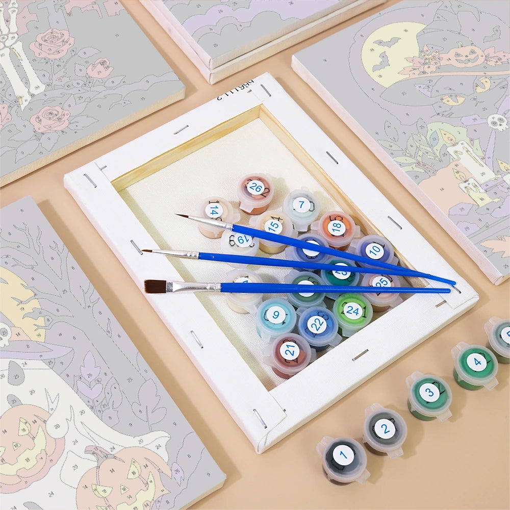 
Paint by Numbers – 6 Mini Paintings | Skulls and Pumpkins by Moonlight Set