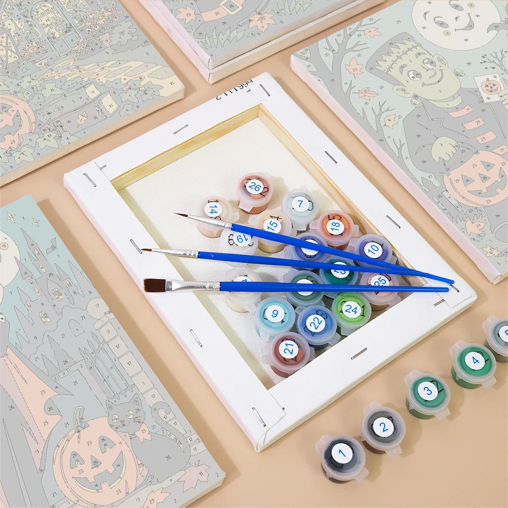 Paint by Numbers – 6 Mini Paintings | Vintage Moon Face Monster Night Set