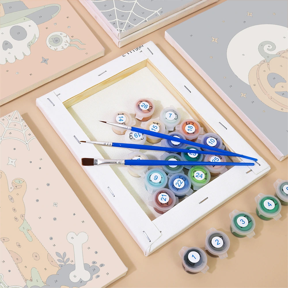 Paint by Numbers – 6 Mini Paintings | Witch Hat Skull and Broomstick Set