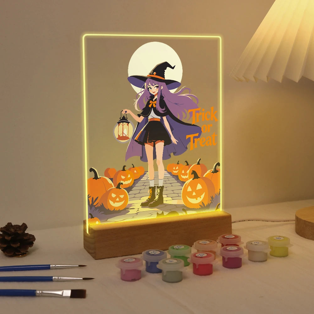 Paint by Numbers - Halloween Light | Witch with Lantern at Full Moon