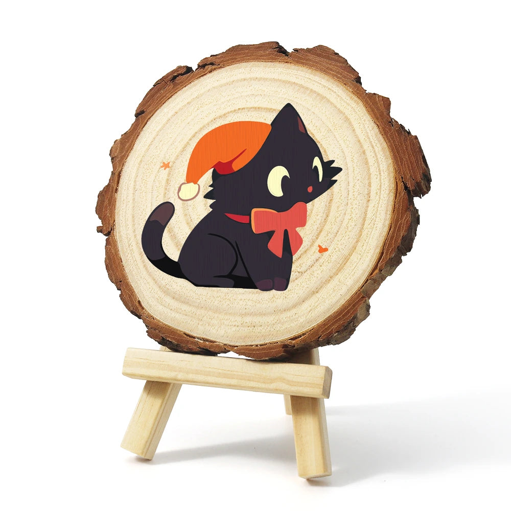 
Paint by Numbers - Wood Slice | Black Cat with an Orange Hat
