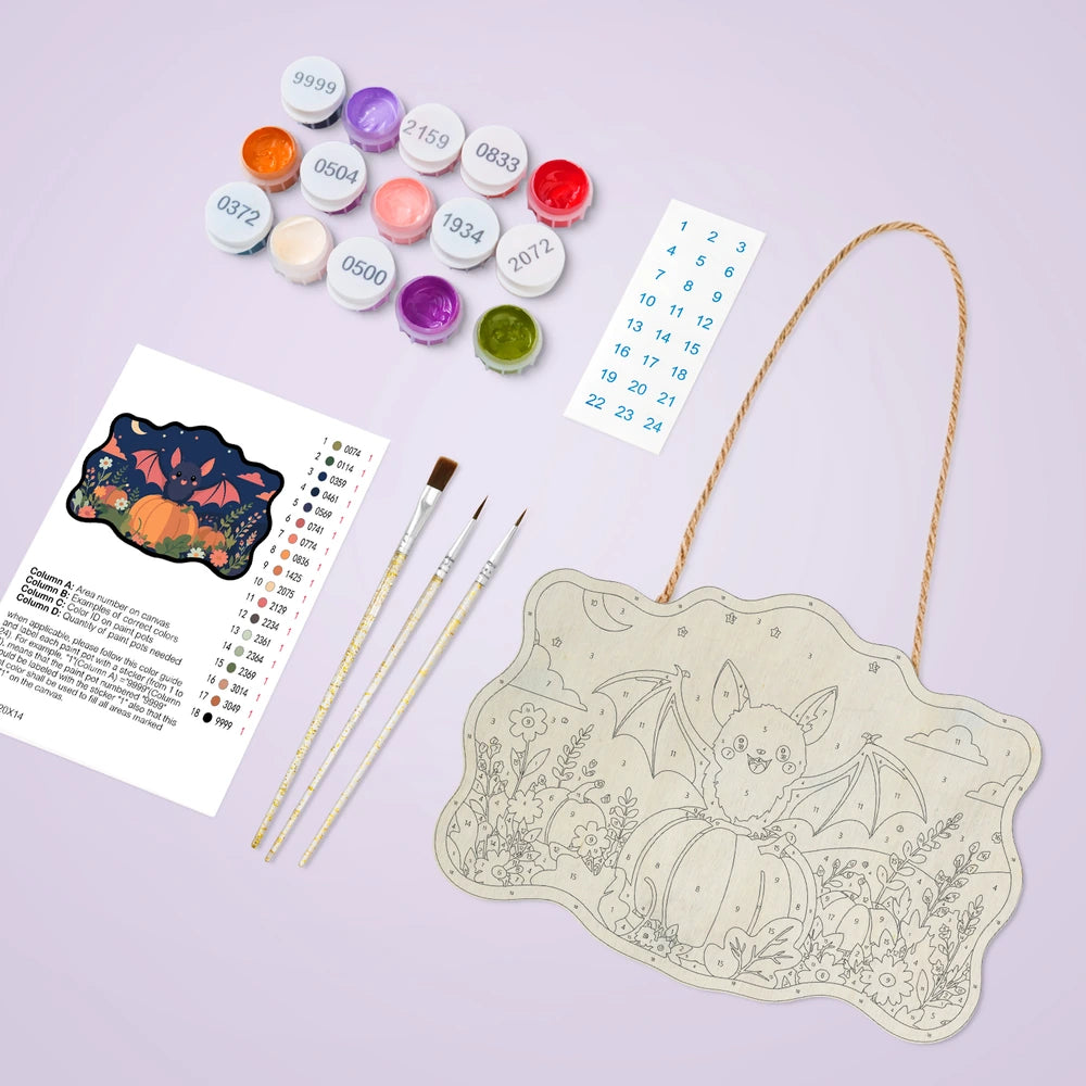 
Paint by Numbers - Wooden Door Hanger | Bat on Pumpkins at Dusk