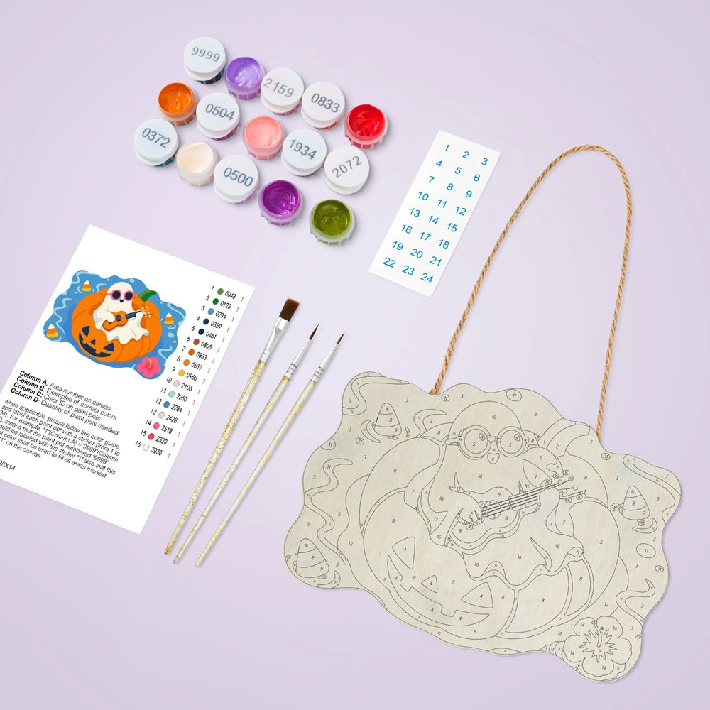 Paint by Numbers - Wooden Door Hanger | Ghost Playing Ukulele on a Pumpkin Float