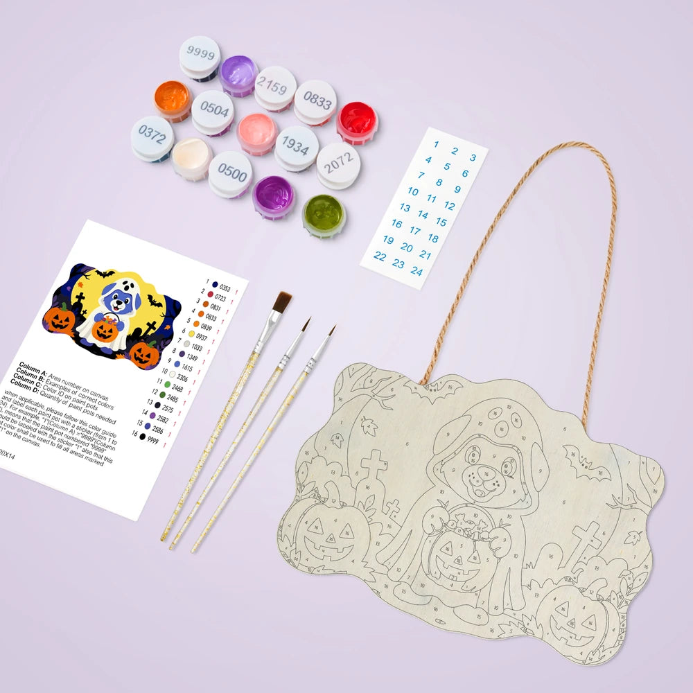 Paint by Numbers - Wooden Door Hanger | Ghost Puppy with a Candy Bucket
