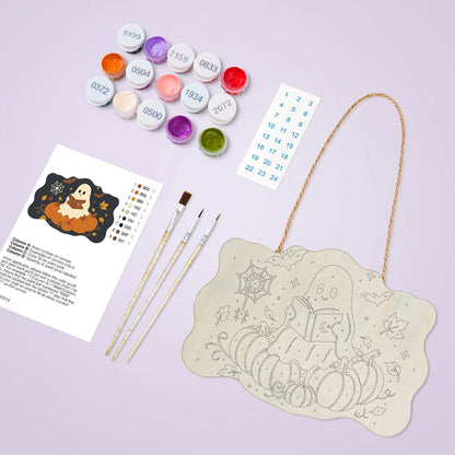 Paint by Numbers - Wooden Door Hanger | Ghost Reading on a Pumpkin