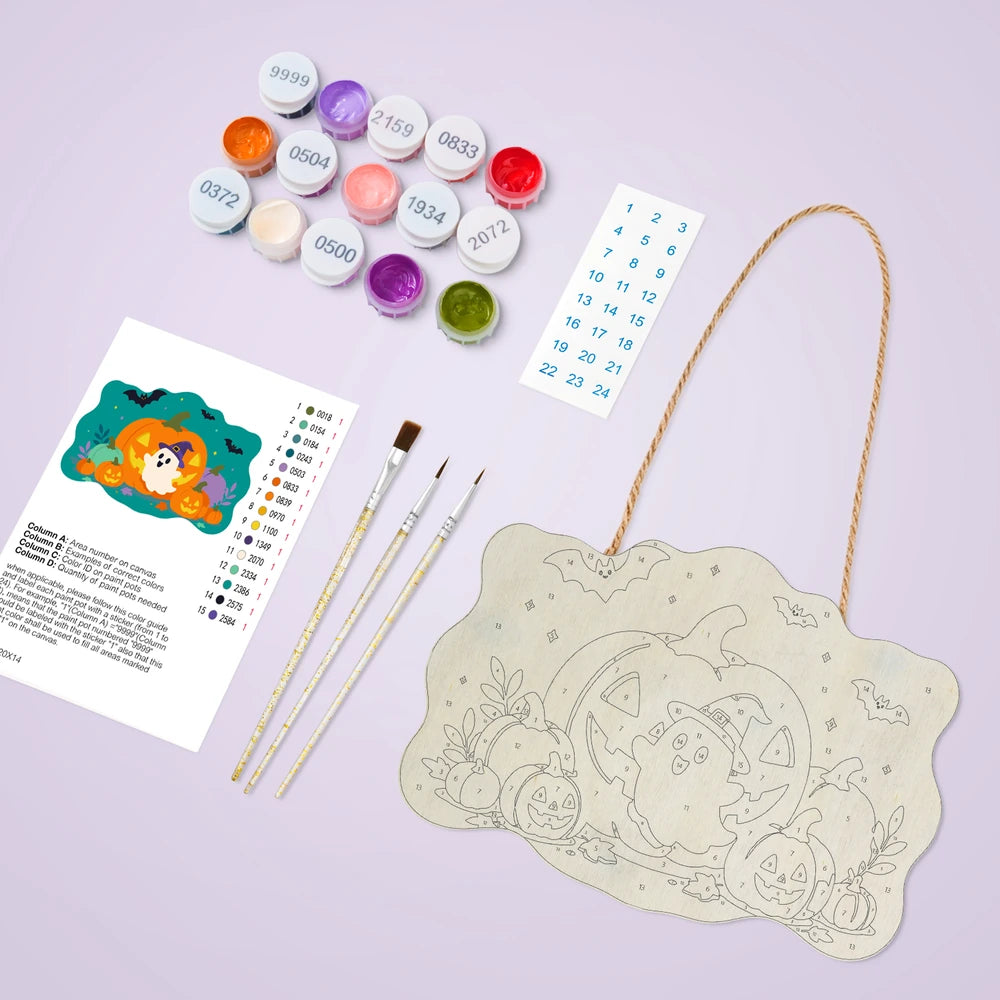 Paint by Numbers - Wooden Door Hanger | Ghost in a Witch Hat with Pumpkins