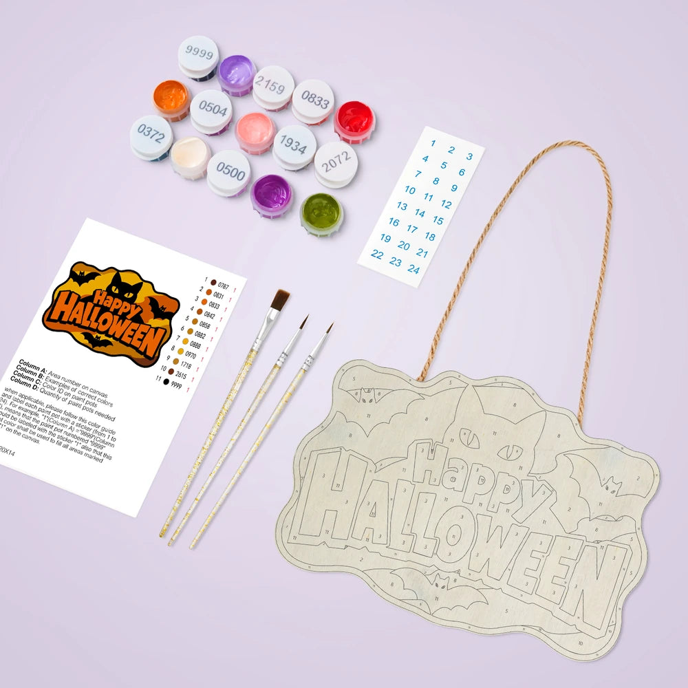 
Paint by Numbers - Wooden Door Hanger | Happy Halloween Black Cat and Bats