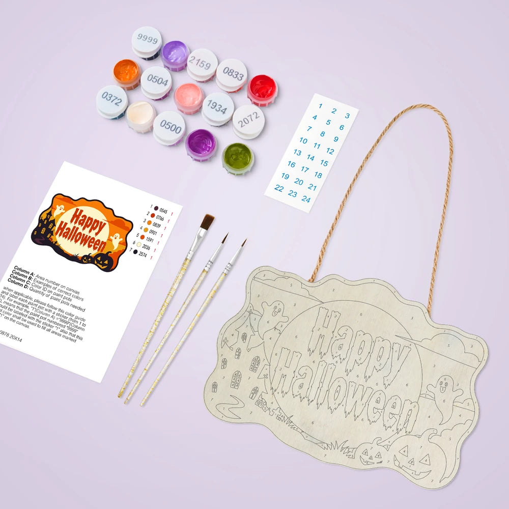 Paint by Numbers - Wooden Door Hanger | Happy Halloween Ghosts in the Moon