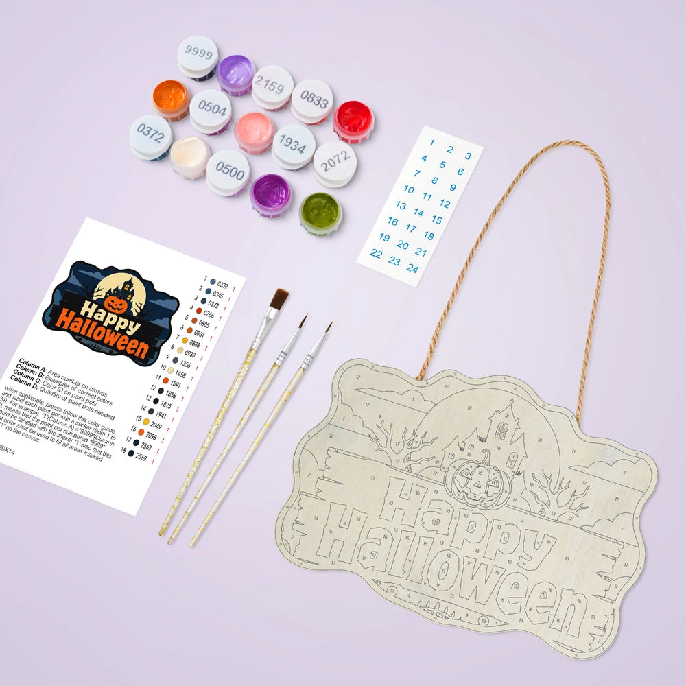 Paint by Numbers - Wooden Door Hanger | Happy Halloween Haunted House Sign