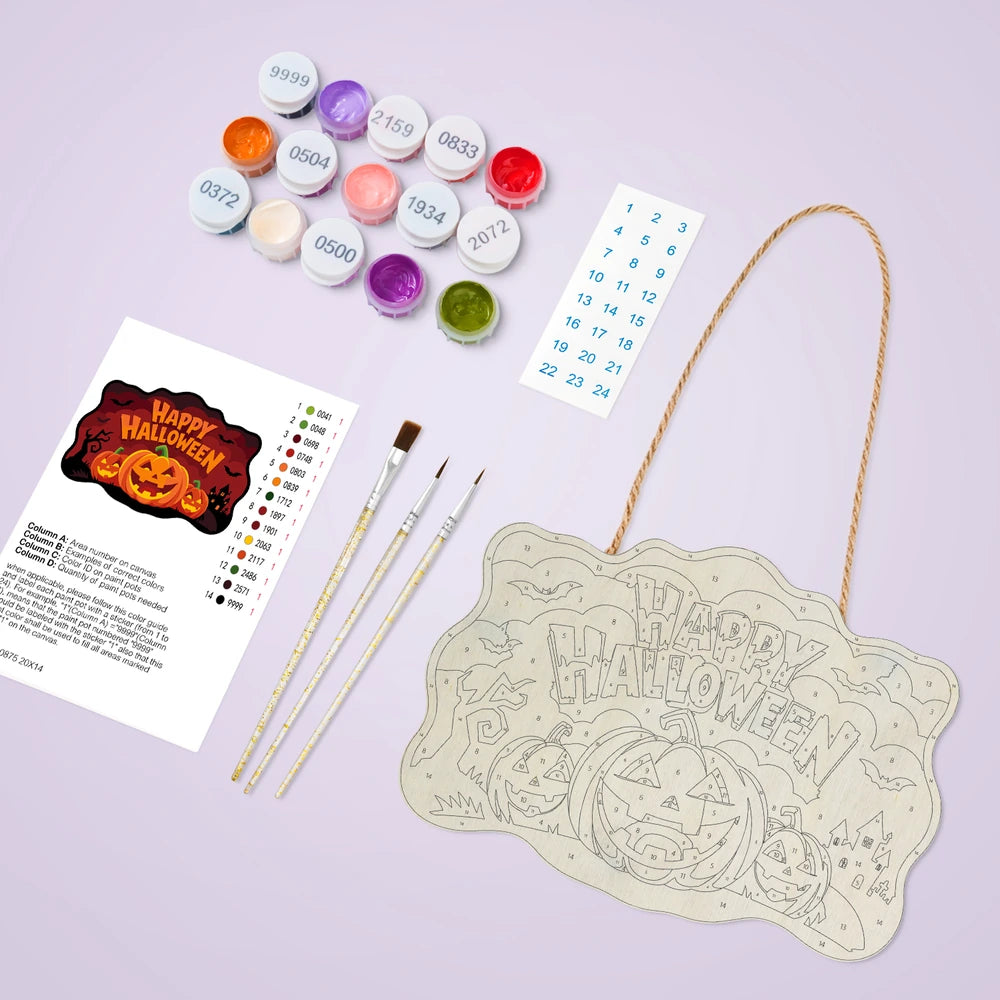 Paint by Numbers - Wooden Door Hanger | Happy Halloween Pumpkin Trio at Night