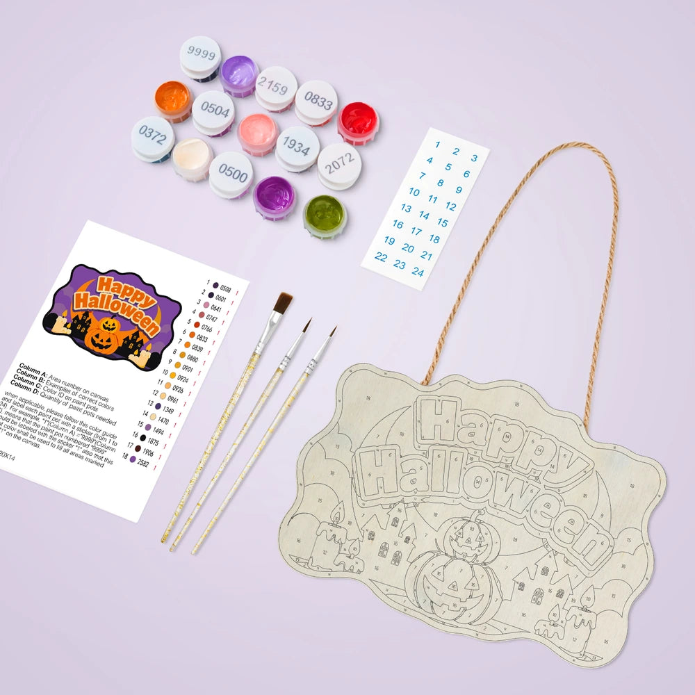 Paint by Numbers - Wooden Door Hanger | Happy Halloween Pumpkins and Haunted Houses