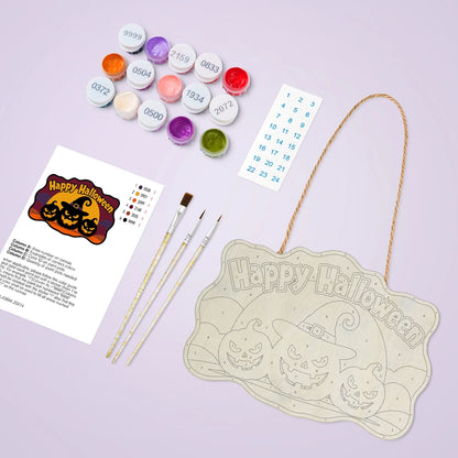 Paint by Numbers - Wooden Door Hanger | Happy Halloween Pumpkins in a Witch Hat