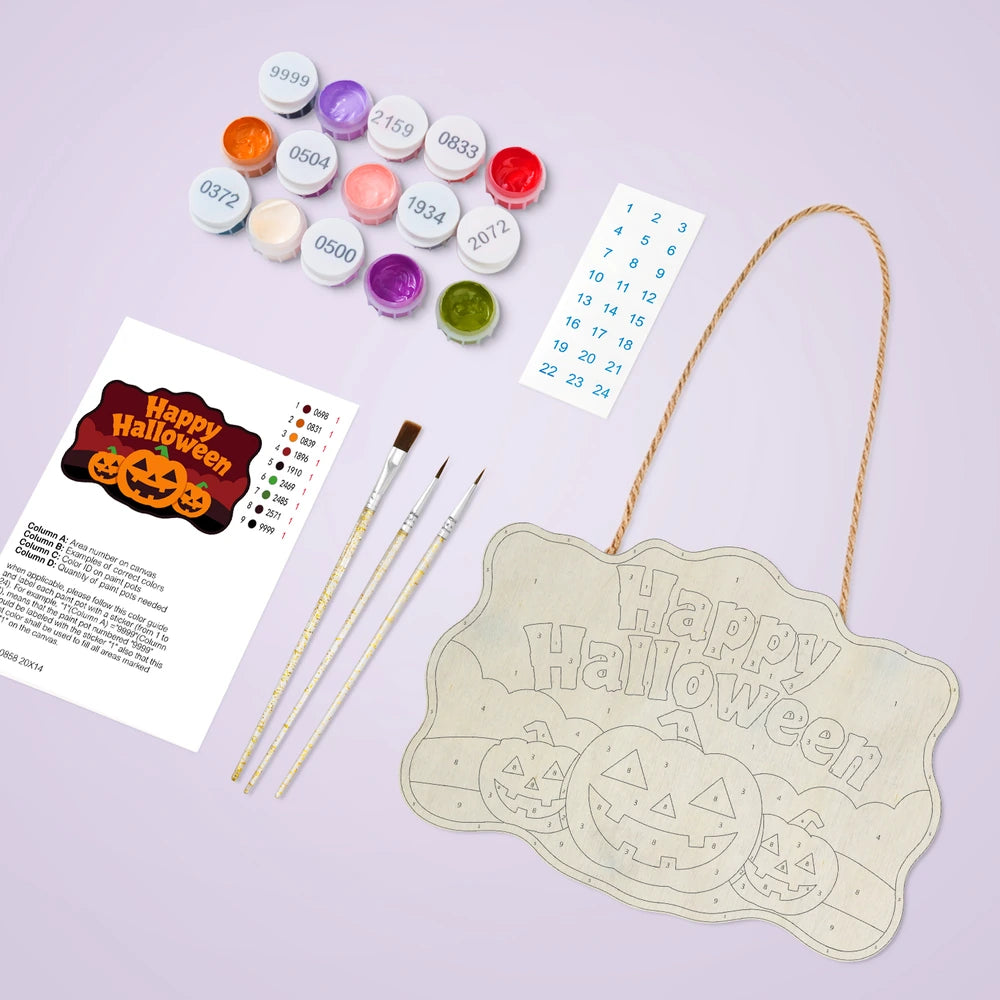 Paint by Numbers - Wooden Door Hanger | Happy Halloween Three Pumpkins