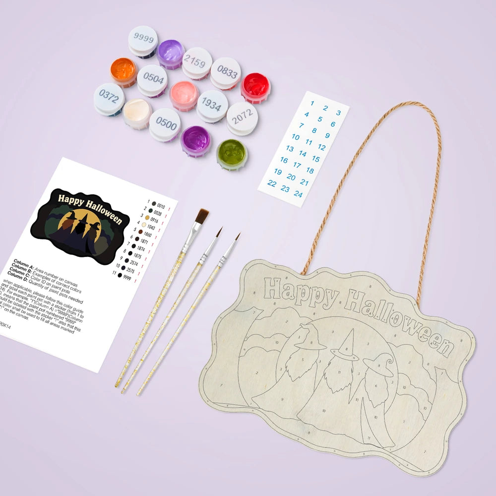 Paint by Numbers - Wooden Door Hanger | Happy Halloween Three Witches
