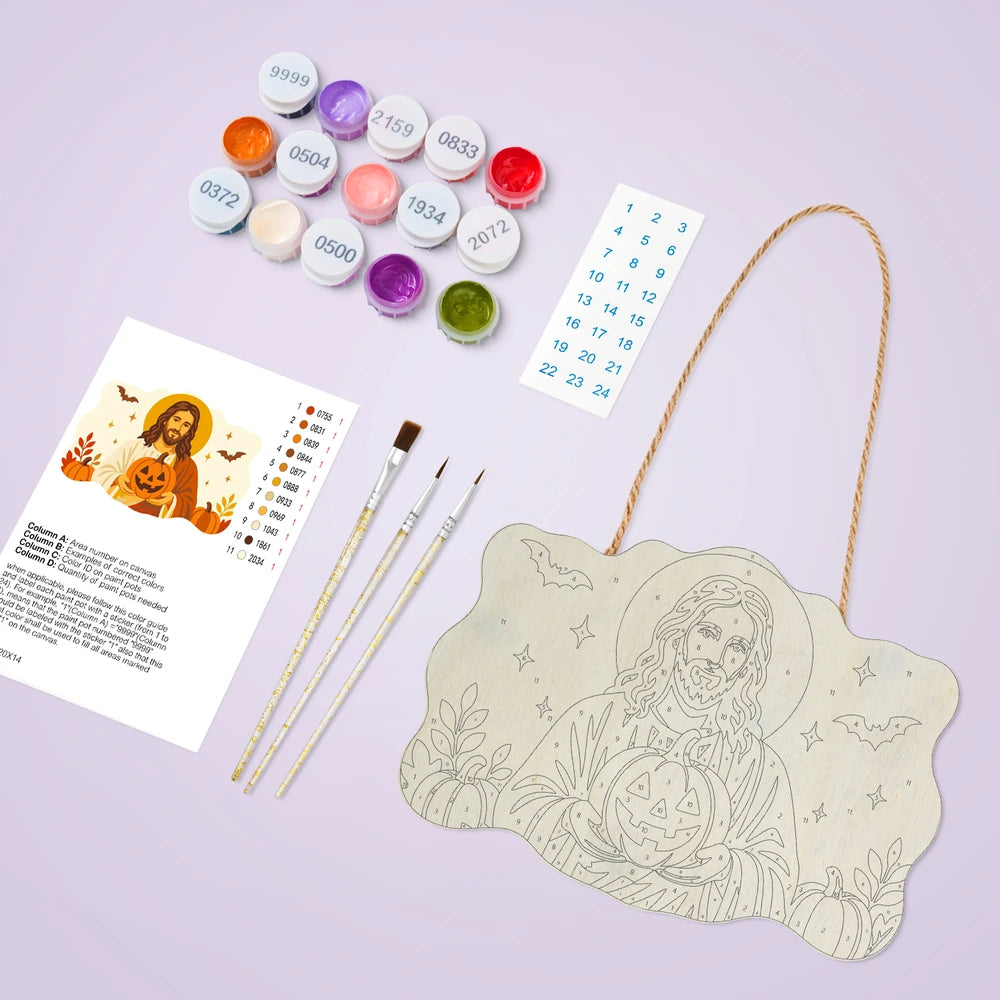 Paint by Numbers - Wooden Door Hanger | Jesus with a Jack-o'-Lantern in Autumn