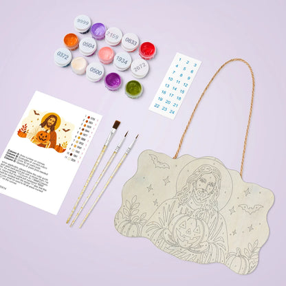 Paint by Numbers - Wooden Door Hanger | Jesus with a Jack-o'-Lantern in Autumn