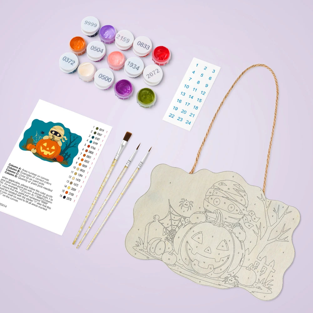 
Paint by Numbers - Wooden Door Hanger | Mummy Behind a Jack-o'-Lantern