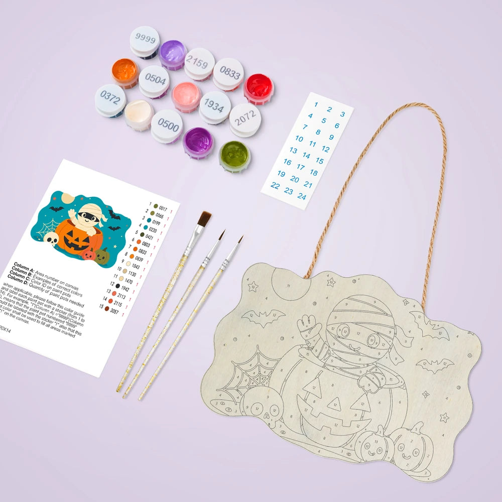 Paint by Numbers - Wooden Door Hanger | Mummy in a Jack-o'-Lantern