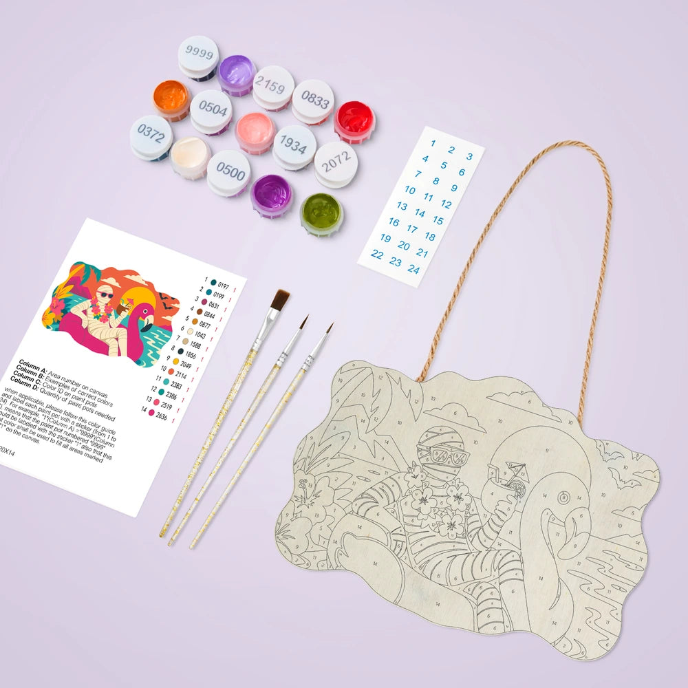 Paint by Numbers - Wooden Door Hanger | Mummy on a Flamingo Float