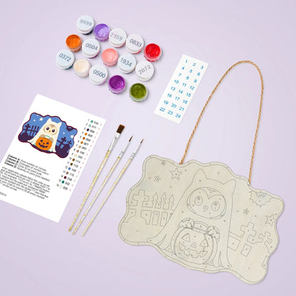 Paint by Numbers - Wooden Door Hanger | Owl Ghost with a Pumpkin