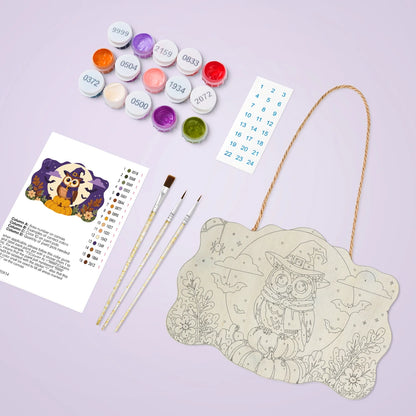 Paint by Numbers - Wooden Door Hanger | Owl in a Witch Hat in the Moon