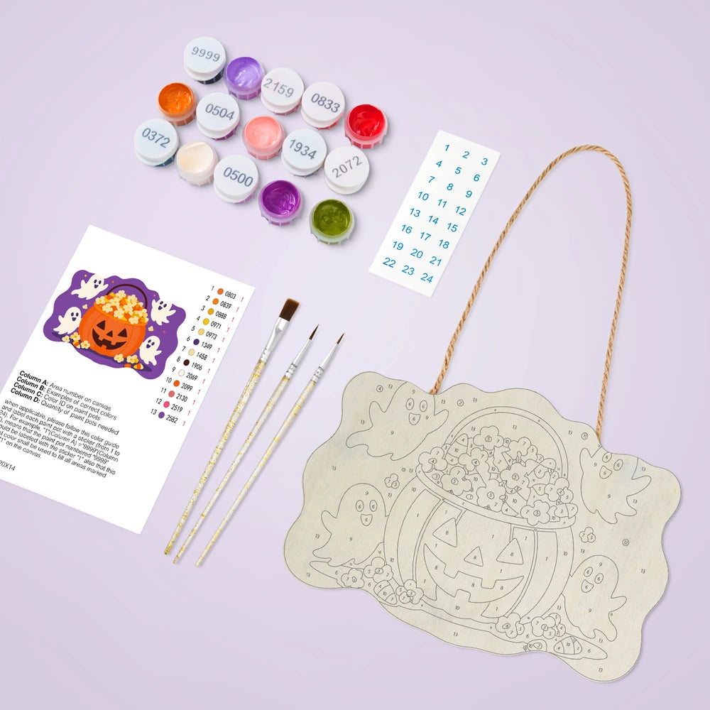 Paint by Numbers - Wooden Door Hanger | Popcorn Pumpkin Bucket with Ghosts