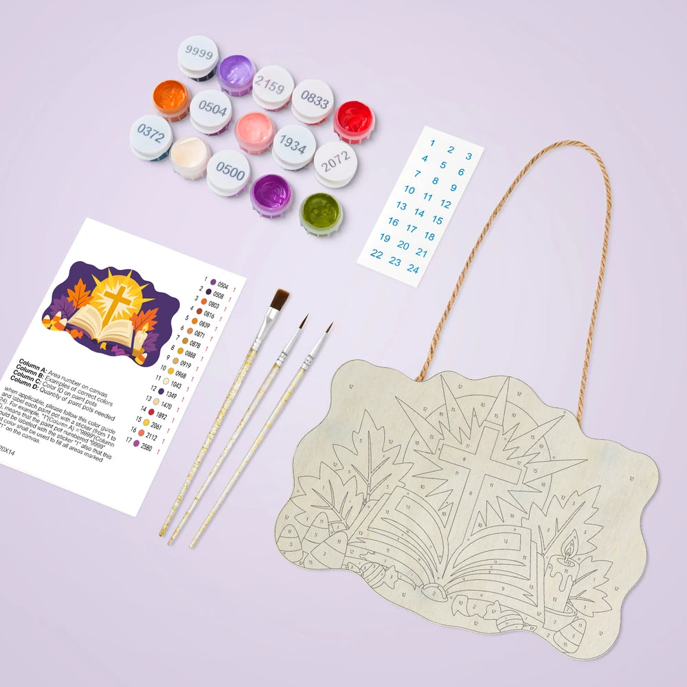 Paint by Numbers - Wooden Door Hanger | Shining Cross Over the Open Bible