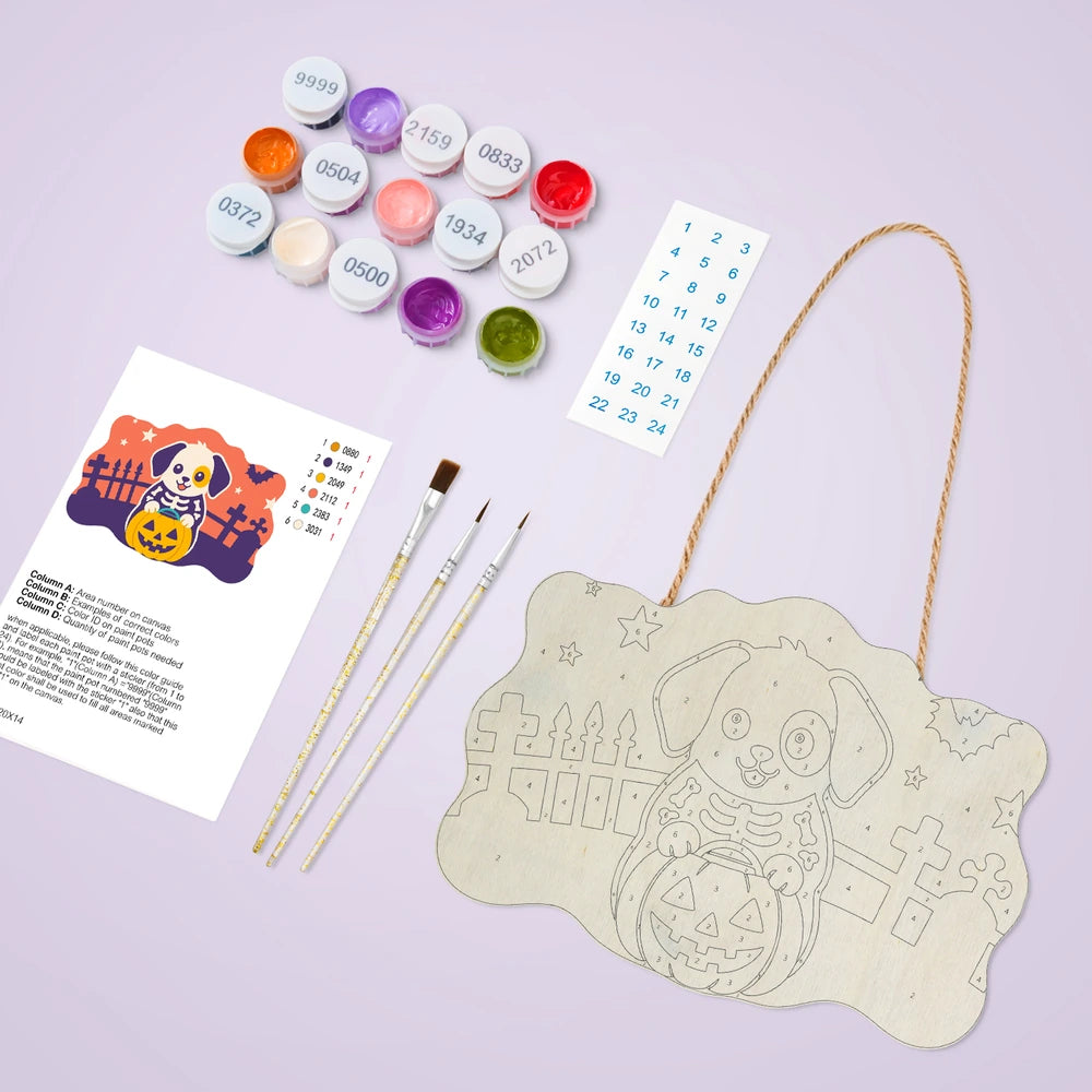 Paint by Numbers - Wooden Door Hanger | Skeleton Puppy with a Pumpkin