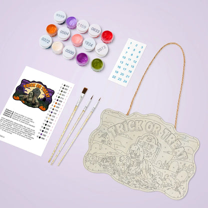 Paint by Numbers - Wooden Door Hanger | Trick or Treat Graveyard Zombie