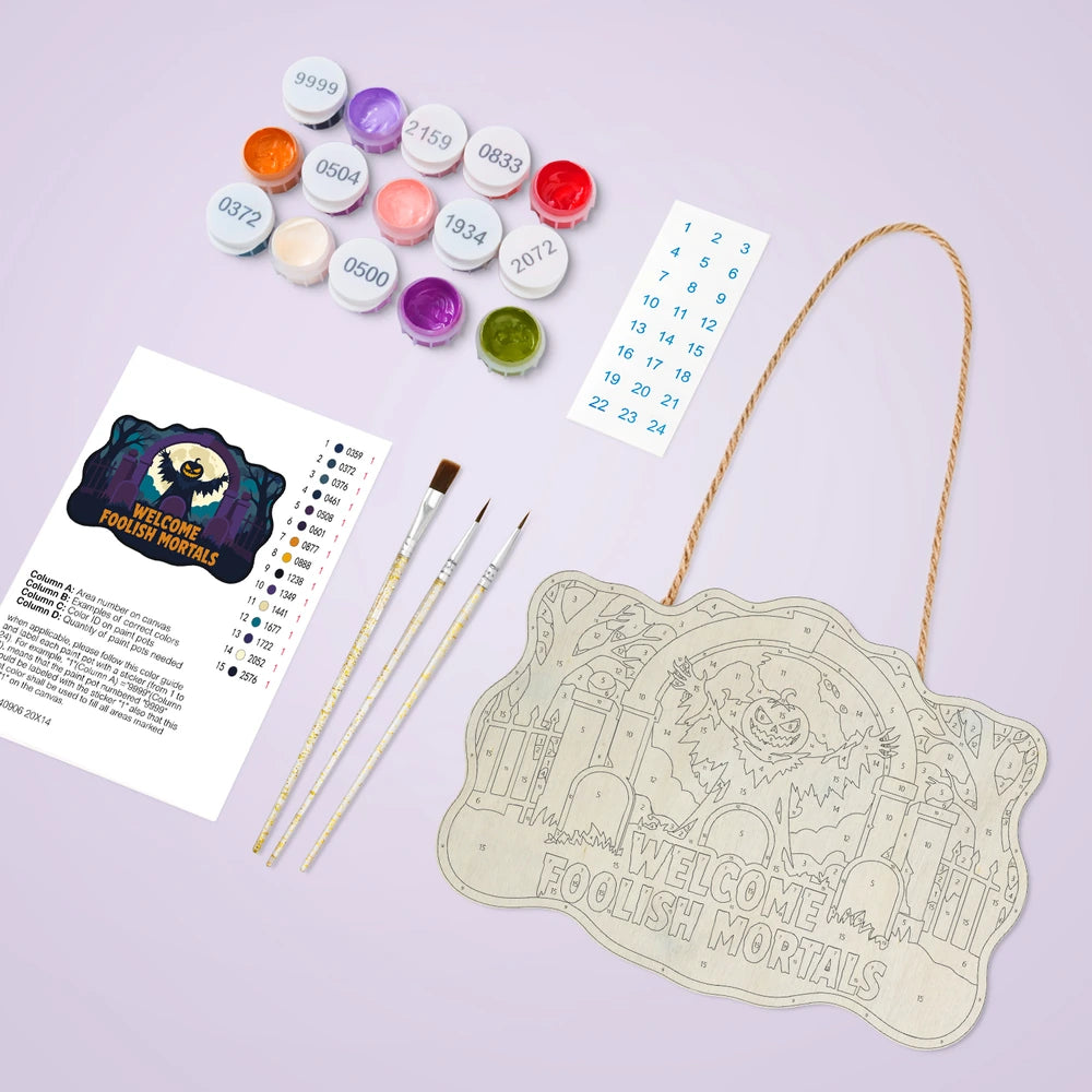 Paint by Numbers - Wooden Door Hanger | Welcome Foolish Mortals Pumpkin Bat